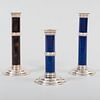 Group of Three Puiforcat Silver Plate and Enamel Candlesticks