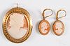 18K gold cameo pin, together with earrings