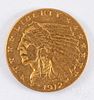 1912 Indian Head two and a half dollar gold coin.