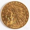 1908 two and a half dollar Indian Head gold coin.