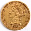1880 Liberty Head five dollar gold coin.