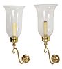 Pair Early Brass and Glass Wall Sconces