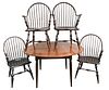 Set of Four D.R. Dimes Continuous Arm Windsor Chairs, along with a drop leaf table, height 30 inches, top opens to 43" x 52".