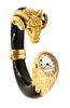 Gay Freres 18k Gold Zodiac ram bracelet cuff wristwatch with obsidian