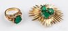 18K gold and green stone pin and ring
