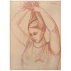 RAÚL ANGUIANO, Lacandona peinándose, Firmada y fechada 1957, Sanguina sobre papel, 95 x 70 cm, Con certificado