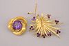 Group of Two 18k Gold Amethyst Brooches