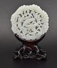 Chinese White Carved Jade Plaque & Stand, 19th C.