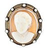 A mid 19th century high relief portrait cameo brooch with enamelled gold setting and pearls