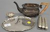 Sterling silver lot including teapot (no cover), cigar holder, small tray, and hand hammered cup. 17 t oz. teapot: ht. 4 1/4 in.