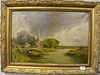 19th century Dutch landscape, Church by the River, oil on canvas signed lower left, initialed lower right. 16" x 24"