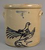 Whites Utica four gallon stoneware crock with cobalt blue bird and two handles (crack).  ht. 11 1/2 in.
