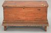 Primitive lift top diminutive chest on boot jack ends with original snipe hinges, in old finish (front molding missing). ht. 16 in.;...