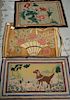 Three hooked rugs including a sporting dogs rug 2' x 3'3", one with basket of flowers 2'3" x 3' (some damage), and one floral 2'4" x...