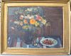 Oil on canvas Still Life of Flowers and Fruit, unsigned. 23 1/4" x 31"