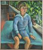 PORTRAIT OF A BOY SITING ON A TABLE OIL PAINTING