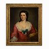 19TH C. LADY WITH BLUE BOW, OIL ON CANVAS PORTRAIT