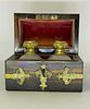 ANTIQUE BURL WOOD JEWELRY CASKET CADDY FRENCH OPALINE PERFUME SCENT BOTTLES