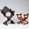 Italian Carved Stained Wood Savonarola Chair and a Walnut Curule Form Stool