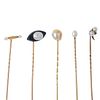 A selection of five pearl stickpins. To include a semi-baroque pearl stickpin, a semi-baroque pearl