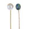 Four stickpins. The first with an oval-shape head set with an opal cabochon, the second a cultured p