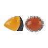 A selection of natural amber jewellery. To include a bracelet with three oval-shape beads alternatin