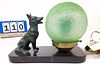 DECO FIGURAL METAL LAMP W/ DOG AND GREEN GLASS GLOBE ON MARBLE BASE 7"H X 9 3/4"W X 4"D