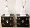 PR. EBONIZED CHINESE STYLE 2 DOOR END STANDS 2'H X 2'W X 16"D W/PR. CERAMIC LAMPS 29"