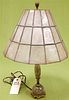 BRONZE DRESSER LAMP W/ ALABASTER MOUNTS AND LEADED SHELL SHADE 18"