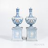 Pair of Wedgwood Tricolor Jasper Barber Bottles on Plinths, England, 19th century, the barber bottles with a light blue ground, lilac medallions and a