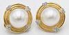 Pair of 14 Karat Gold Round Earrings, having round pearls and small diamonds, 14.4 millimeter pearls, 16.9 grams total weight.