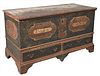 Lift Top Dowry Chest, having original painted panels, red tulip and heart, Barber 87 and Shlin 82 in panels, over two drawers with center drop and bra