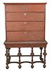 William & Mary Chest on Frame, pine and maple, in two parts, upper section with cornice molding, two drawers over three drawers, a double arch molding