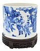 Large Blue and White Chinese Brush Pot, painted with official making a presentation to sage peasant accompanied by his bullock Daoist symbol, on carve
