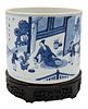 Large Blue and White Chinese Brush Pot, probably 18th century, painted with artist painting scroll, on wood stand, pot height 6 inches, (chip in wood 