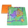HERMES - a 'Selles A Housse' scarf. The green background with purple border, four purple ornamental