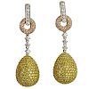 Pair of Diamond and 18 Karat Tri Color Gold Drop Earrings with Approx. 9.0 Carat Round Cut Yellow Diamond, .80 Carat Round Cut White Diamond and .50 C
