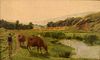 GRAZING COWS BY A RIVER BANK OIL PAINTING