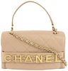 CHANEL QUILTED BEIGE LEATHER ENCHAINED TOP HANDLE CROSSBODY FLAP BAG