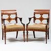Pair of Unusual North European Neoclassical Brass-Mounted Ebony Inlaid Mahogany and Painted Armchairs