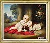 American oil on canvas portrait of a child and dog