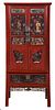 Chinese Red Lacquer Carved and Painted Cabinet