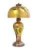 * A Tiffany Studios Gold Favrile Glass Lamp, Height overall 15 1/2 x diameter of shade 8 inches.