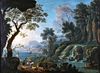 18th Century Italian Huge Oil Painting Figures in Classical Waterfall Landscape