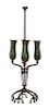 A Tiffany Studios Bronze and Blown-Out Glass Three-Light Adjustable Candelabra, Height 20 3/8 inches.