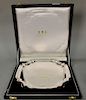 English silver footed tray marked .925, monogrammed, in original fitted box. 24.2 t oz.