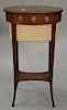Small French style mahogany sewing stand with lift top and eight Wedgwood medallions on sides. ht. 28 in.; top: 10" x 15 1/2"