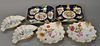 Three pairs of bowls including pair of square hand painted bowls, pair of hand painted dishes with berries, and pair of shell dishes...