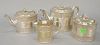 Four piece silverplated tea set marked "Copied from Elder Brewster teapot from the Mayflower".