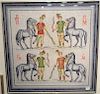Framed Hermes silk mosaic scarf with horses and horsemen. 33 1/2" x 33 1/2".